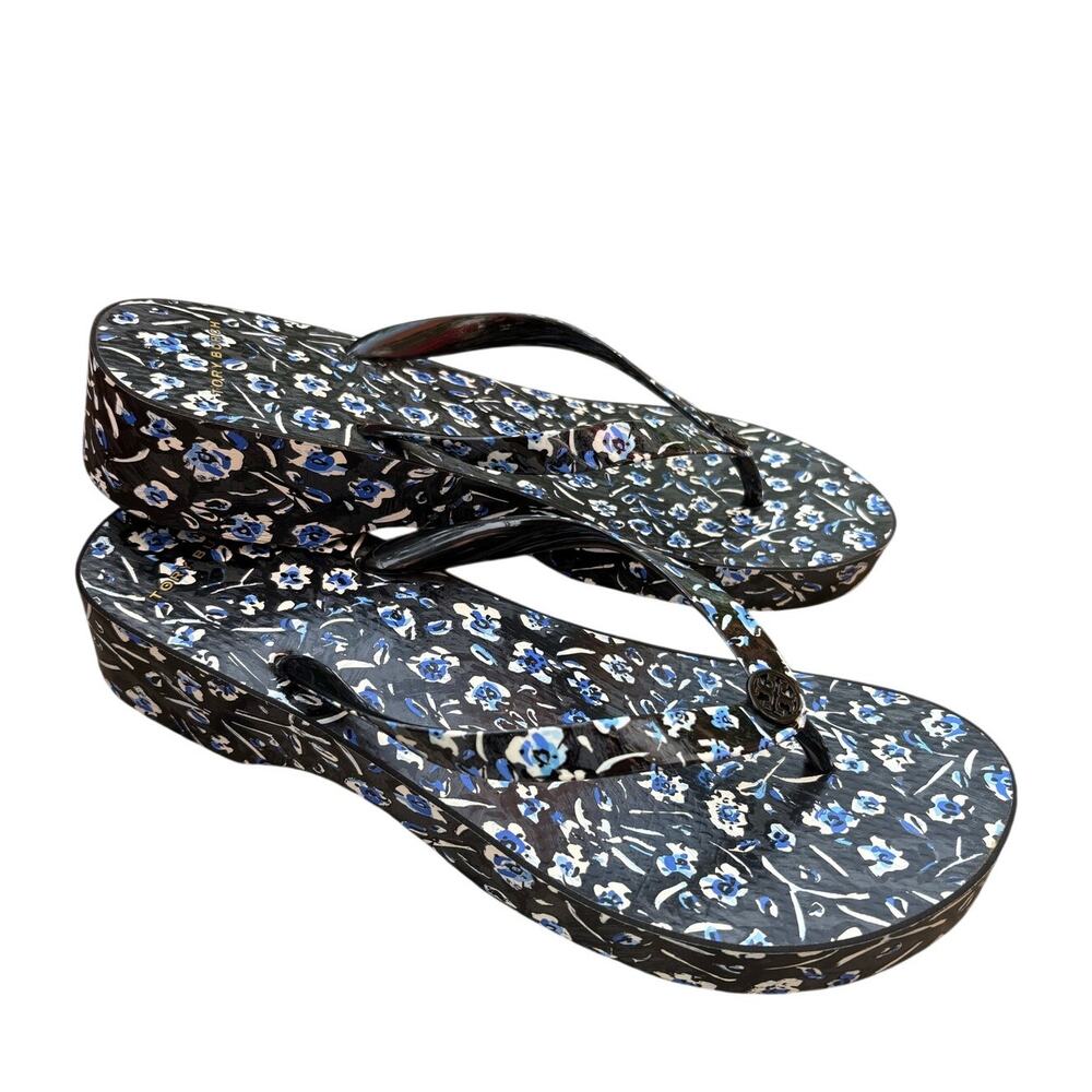 Tory Burch Printed Cut-Out Wedge Flip Flops Midnight Teapot NWOT Size 11